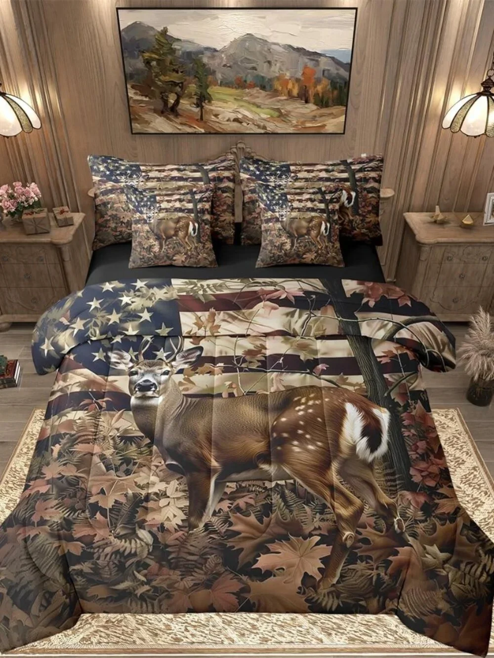 7 Piece Cute Deer Bed in a Bag Queen for Boys Kids Deer Hunting Sheet Set,Americ